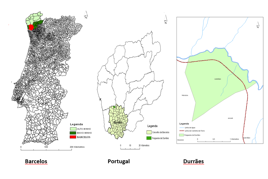 
Maps showing the location of the parish of Durrães in the municipality of Barcelos (Portugal)

