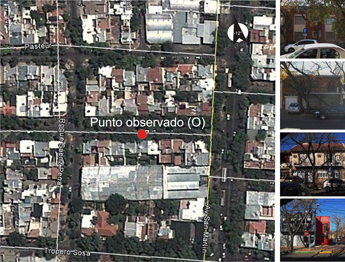 Vista satelital del área de estudio (izquierda) y composición formomaterial de
fachadas (derecha)
