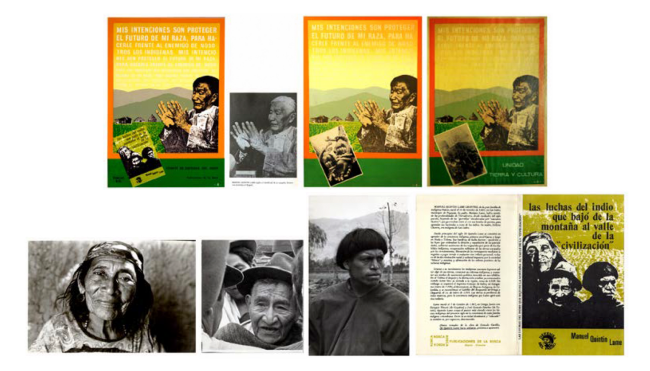 Versiones varias del cartel de difusión del libro de Las luchas del indio que bajó de la montaña al valle de la “civilización”
(Bogotá: Rosca de Investigación y Acción Social, 1973), portada del libro y fuentes fotográficas usadas.