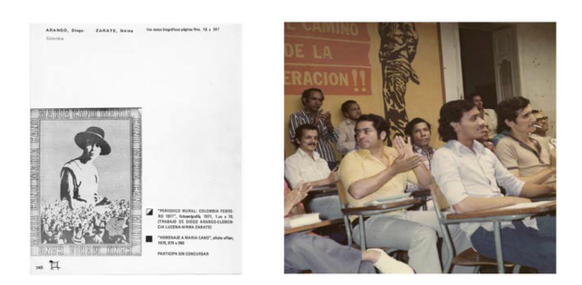 Página interior de la Exposición Panamericana de Artes Gráficas de Cali. (1970) y fotografía del archivo de la Escuela Nacional Sindical (Medellín), que dan cuenta de la circulación de las imágenes elaboradas por Taller 4 Rojo.