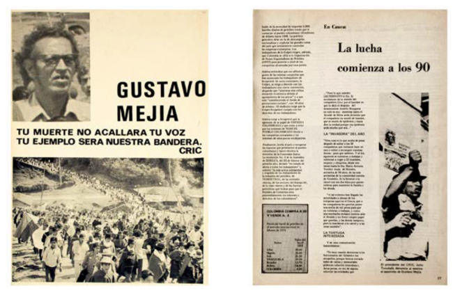 Cartel sobre Gustavo Mejía y página interior de Revista Alternativa que dan cuenta de la circulación de las imágenes elaboradas por Taller 4 Rojo.
