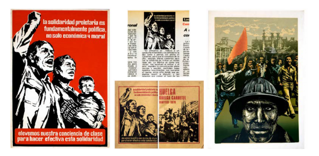 Cartel de apoyo a la huelga de Vanitex, página interior de la
Revista Alternativa y portada del folleto que documenta la huelga; estampa A la huelga 100, a la
huelga 1000 (Nirma Zárate y Diego Arango, 1976).