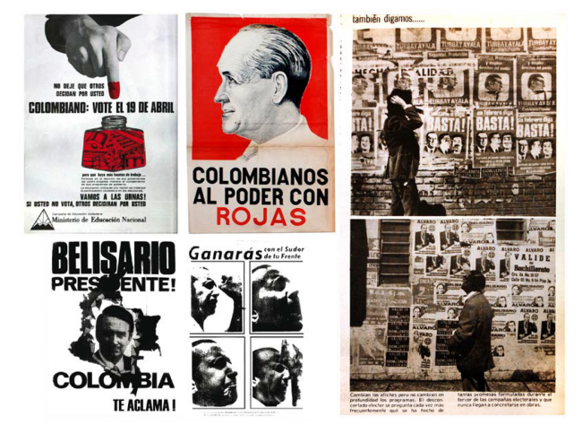 Pautas publicitarias estatales e independientes en prensa, carteles de campaña presidencial de 1970 y fotografías de empapeladas en la calle durante la campaña presidencial de 1974.