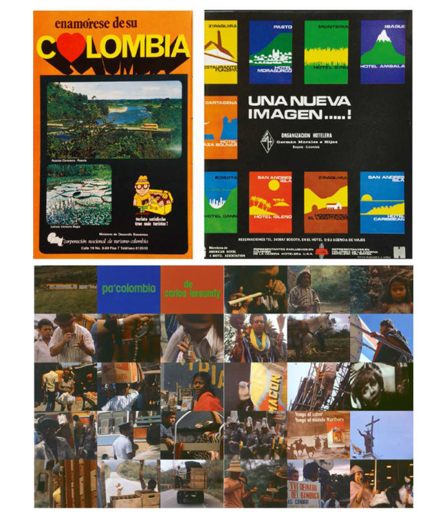 Pautas publicitarias en Revista Colombia (1973), Cromos (ca. 1973) y fotogramas del ensayo audiovisual Pa’ Colombia, Carlos Lersundy (1979).