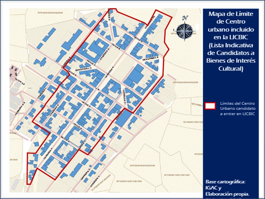 Mapa del límite del centro municipal incluido en la LICBIC y posteriormente declarado BIC de grupo urbano