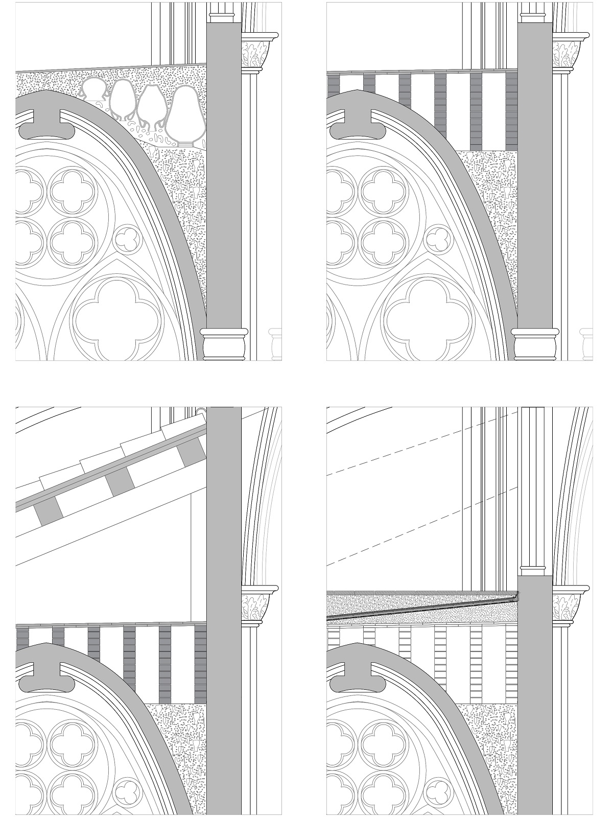 Simulación de la evolución de la sección cubierta en la catedral Tortosa: a) trespol de 1383; b) terrat de 1394; c) cubierta inclinada de 1803; d) retorno al original en 1998