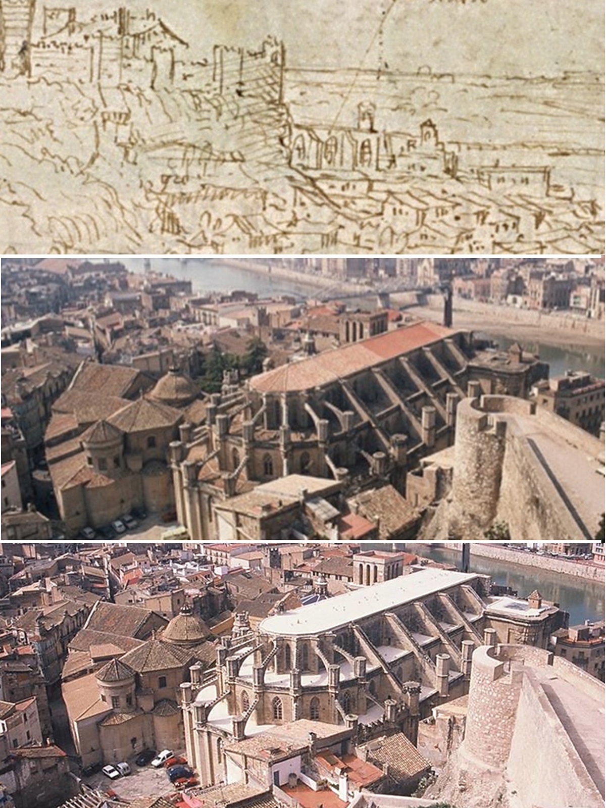 a) La catedral de Tortosa en 1563, por Antoon van den Wyngaerde; b) catedral en 1995; c) la catedral en 1998