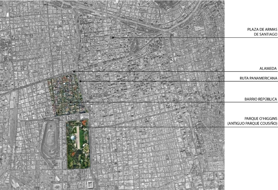 Ubicación de Barrio República y Parque O’Higgins en relación con hitos urbanos de la ciudad de Santiago de Chile