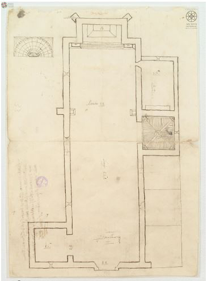 Planta del templo reformada por P. Juan Bautista Coluccini, Villa de Leiva, 1605