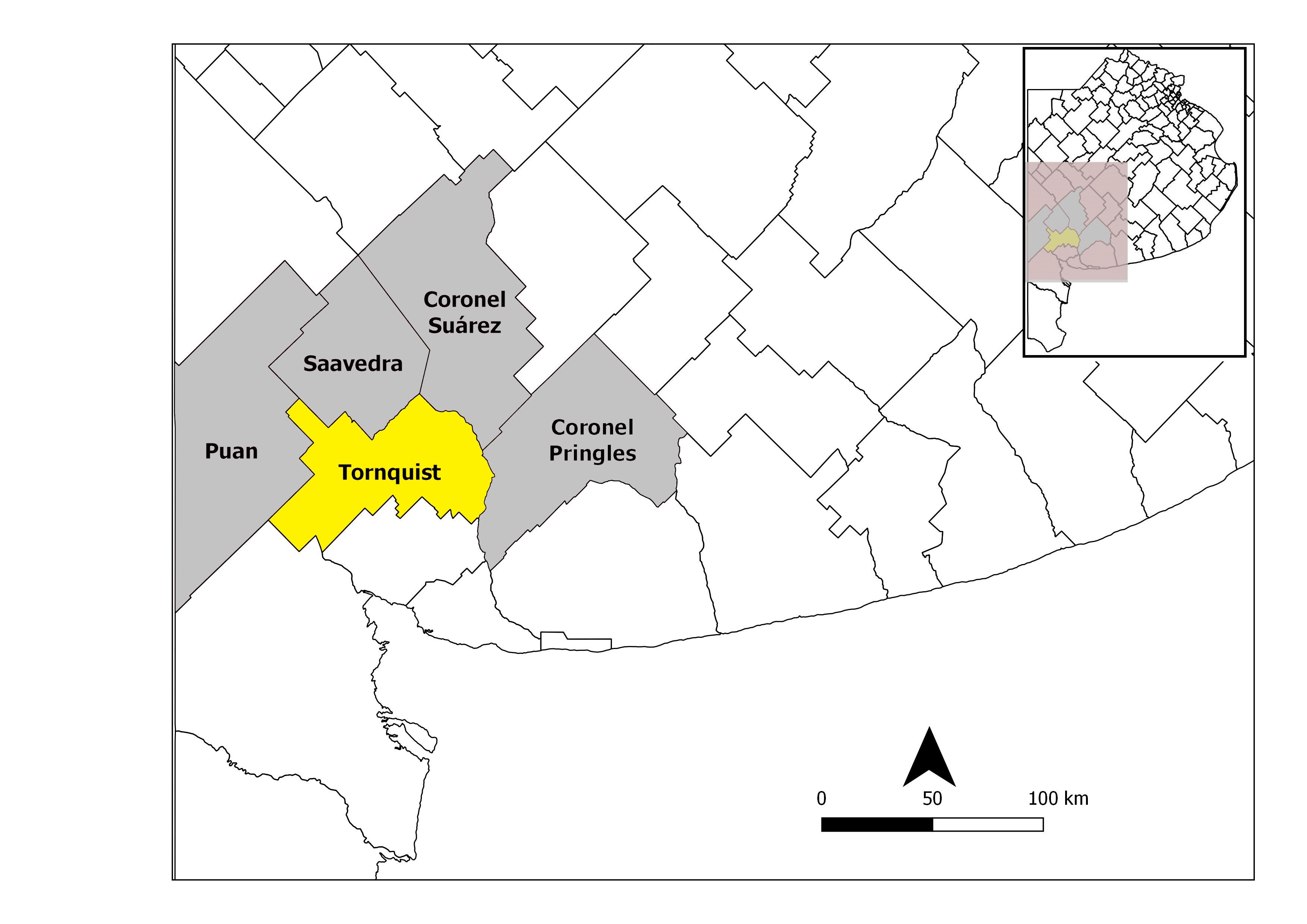Distritos bonaerenses que componen el área de Ventania. En amarillo sombreado se señala la ubicación del municipio de Tornquist