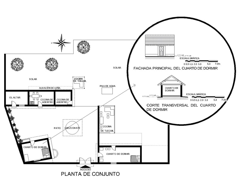 Organización espacial de la casa de adobe en planta y alzado