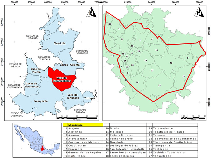 Ubicación de la zona de estudio: Acuífero del Valle
de Tecamalco y los acuíferos del estado de Puebla.
