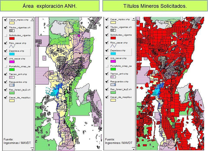 Área de exploración y títulos mineros solicitados en el departamento del Cesar, en 2011