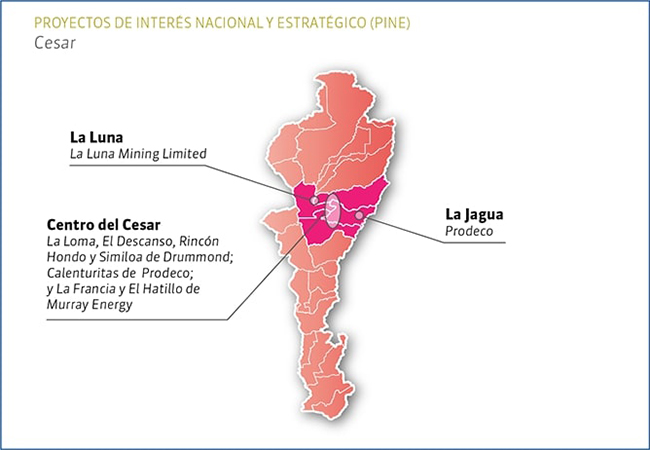 Mapa con los proyectos de interés nacional y estratégico en el Cesar. Minas La Francia y El Hatillo