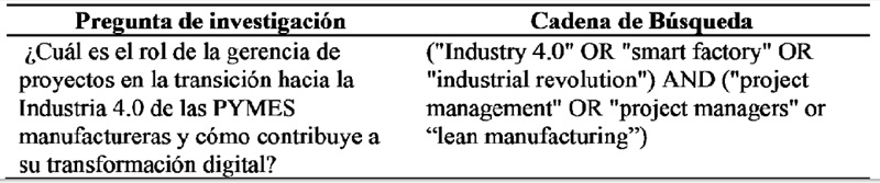  Cadena de b&uacute;squeda y pregunta de
investigaci&oacute;n