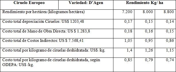 Estructura de costo unitario de producción del kilo de Ciruela Deshidratada