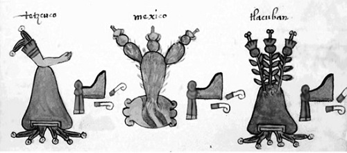 Página 34 do Codex Osuna com glifos de Texcoco, Tenochtitlan e Tlacopán