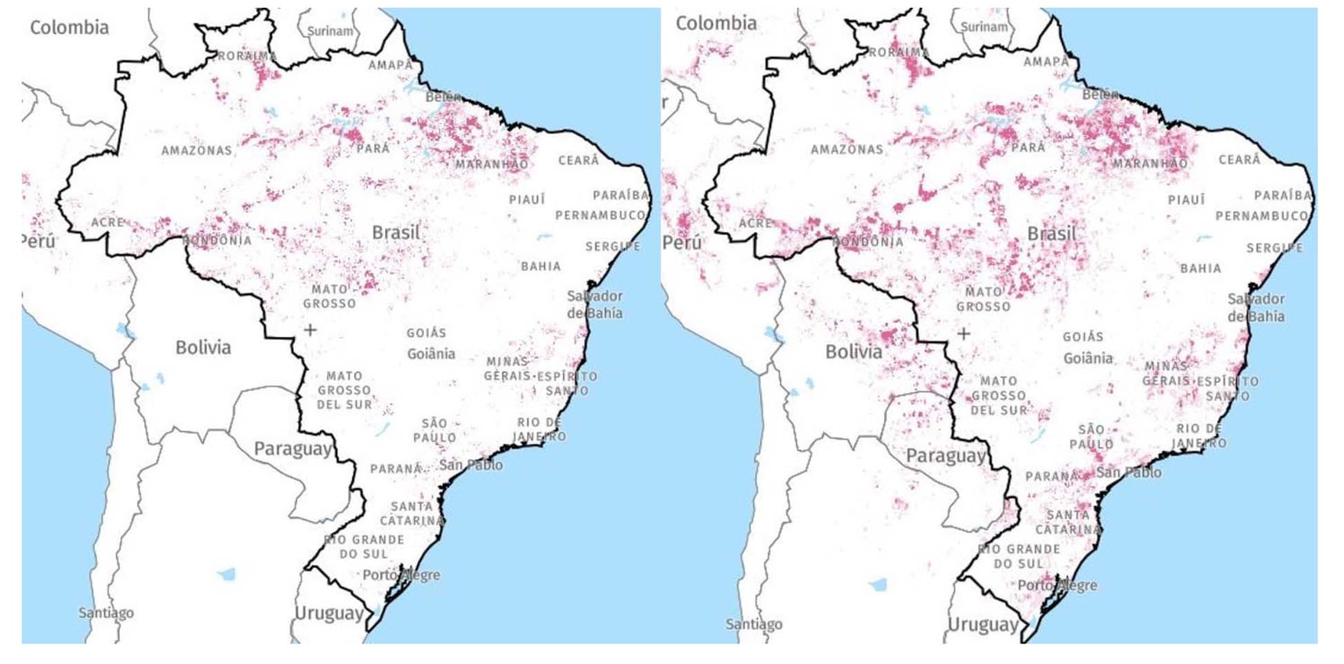Alertas de deforestación en Brasil a diciembre 2017 (izquierda) y a diciembre 2019 (derecha)