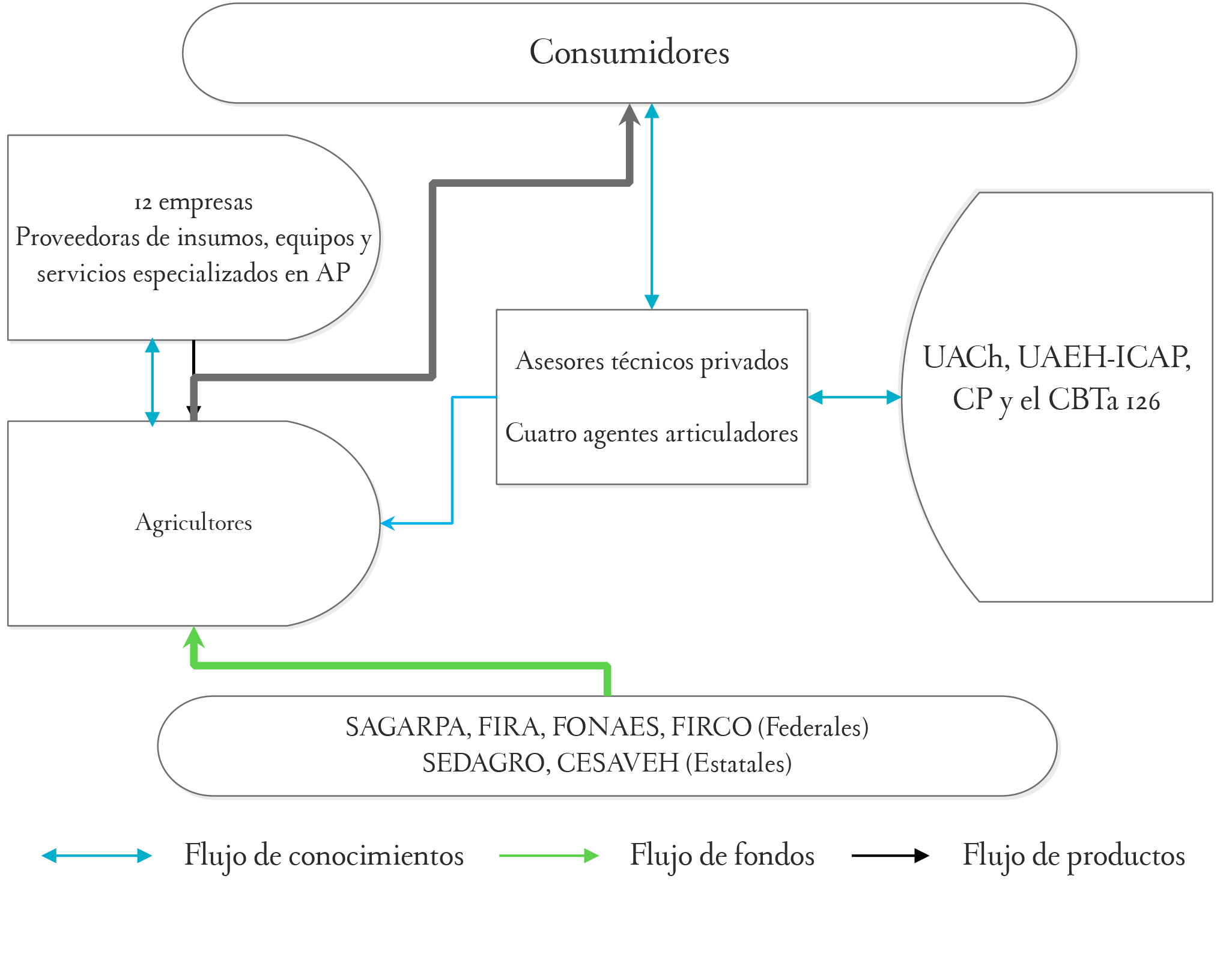Componentes
del sistema de innovación de la producción de
jitomate en agricultura protegida en Puebla, Tlaxcala e Hidalgo, México