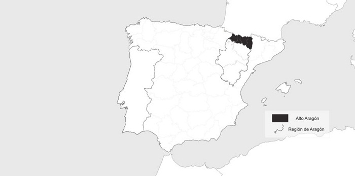 Localización del Alto Aragón en la región de Aragón, España
