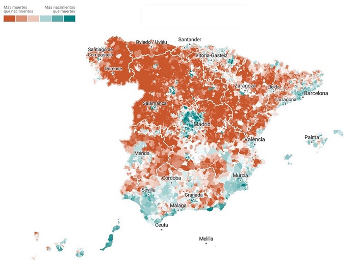 Mapa “La España que se muere”. Saldo vegetativo (%) de la población 1996-2018