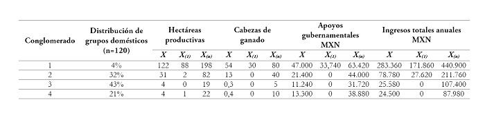 Medidas aritméticas y límites máximos y mínimos de las variables que explican la mayor diferenciación social interna entre los conglomerados de hogares definidos a partir del modelo de economía campesina