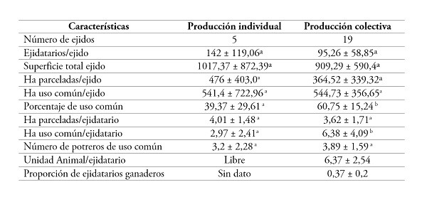 Características de la producción individual y colectiva en agostaderos de uso común