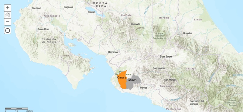  Ubicación geográfica de los distritos de Chires
y Carara