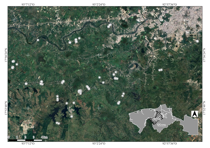 Ubicación de los
agroecosistemas muestreados en el sistema rural-urbano Villahermosa, Luis Gil
Pérez y La Isla en el municipio de Centro, Tabasco
