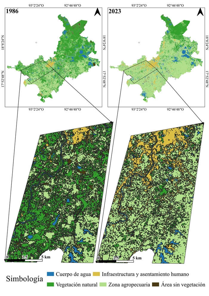 Uso del suelo en el área de estudio y municipio de
Centro (1986-2023)