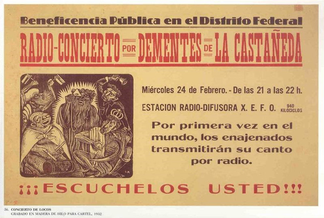 Detalle de Radio-concierto por dementes de la Castañeda.Xilografía