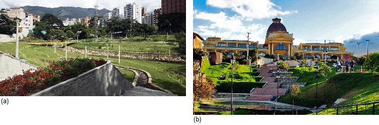 a. Parque lineal La Presidenta,
Medellín, Colombia. b. Parque lineal La Esperanza Plaza Real, Tunja, Colombia