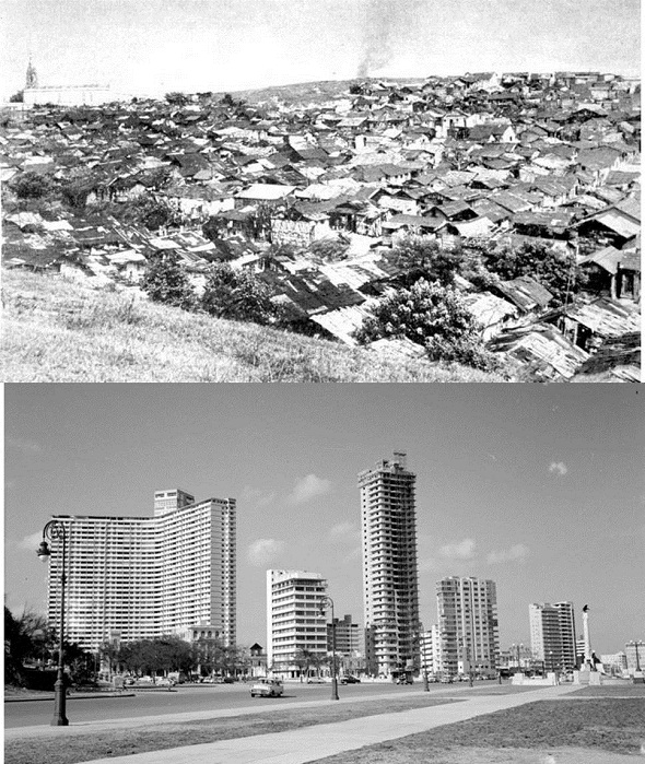 Contraste
del hábitat en La Habana. Arriba: Barrio de indigentes, conocido por las
Yaguas, en Luyanó. Debajo: Torres de apartamentos en
el Malecón, 1957