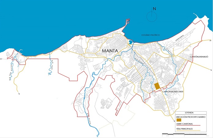 Plano
del Cantón y la ciudad de Manta, en la costa de Ecuador. En él se ha localizado
el área de implantación del proyecto de hábitat