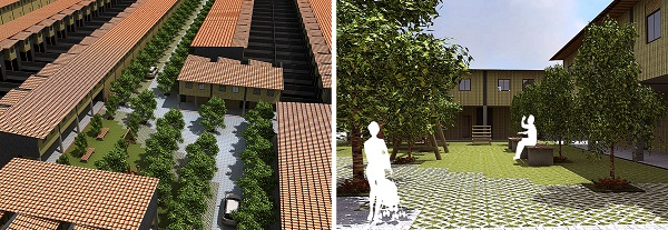 
Infografías de las pequeñas plazas previstas cada cuatro manzanas. Puede
apreciarse el tratamiento paisajístico (con arbolado y pavimento filtrante),
así como los soportales