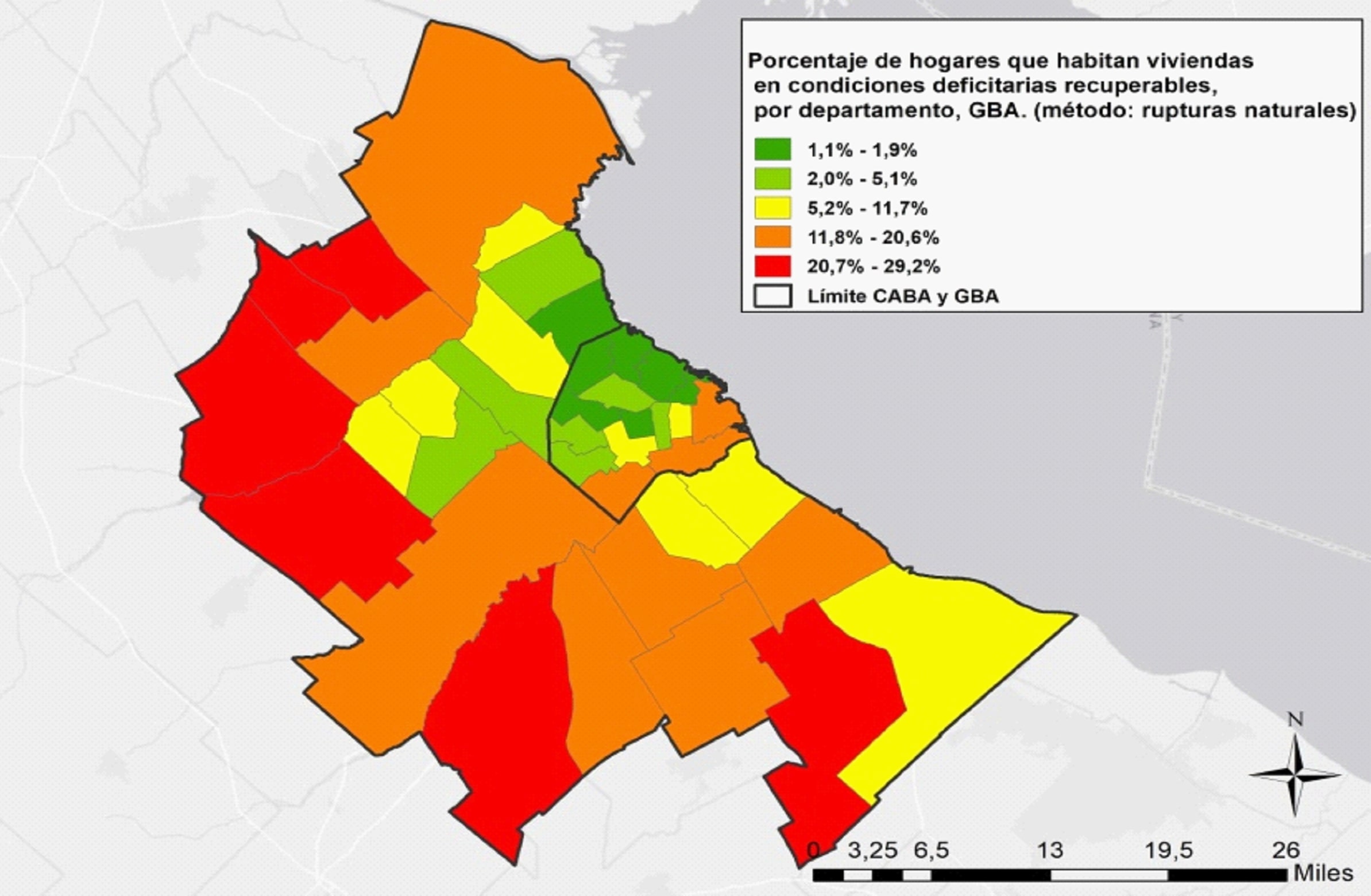 Porcentaje de hogares que habitan viviendas en condiciones deficitarias recuperables, por departamento, GBA, 2010