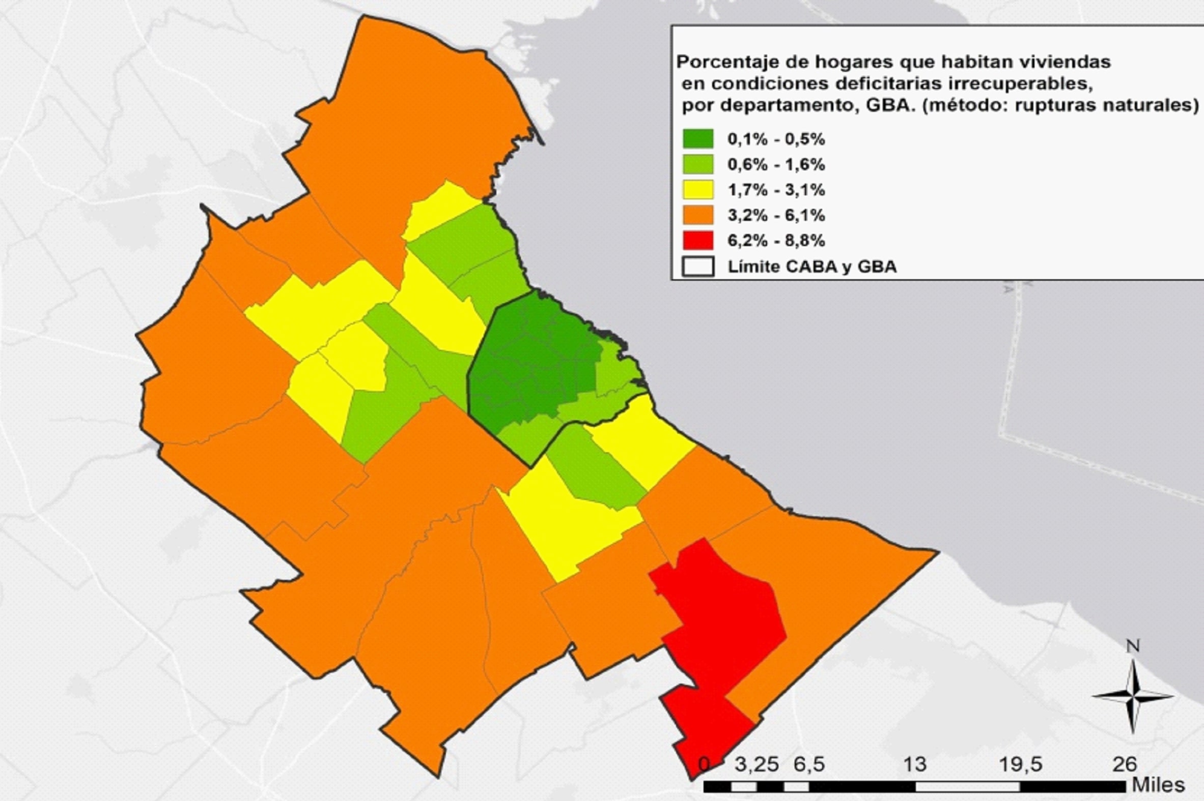 Porcentaje de hogares que habitan viviendas en condiciones deficitarias irrecuperables por departamento, GBA, 2010