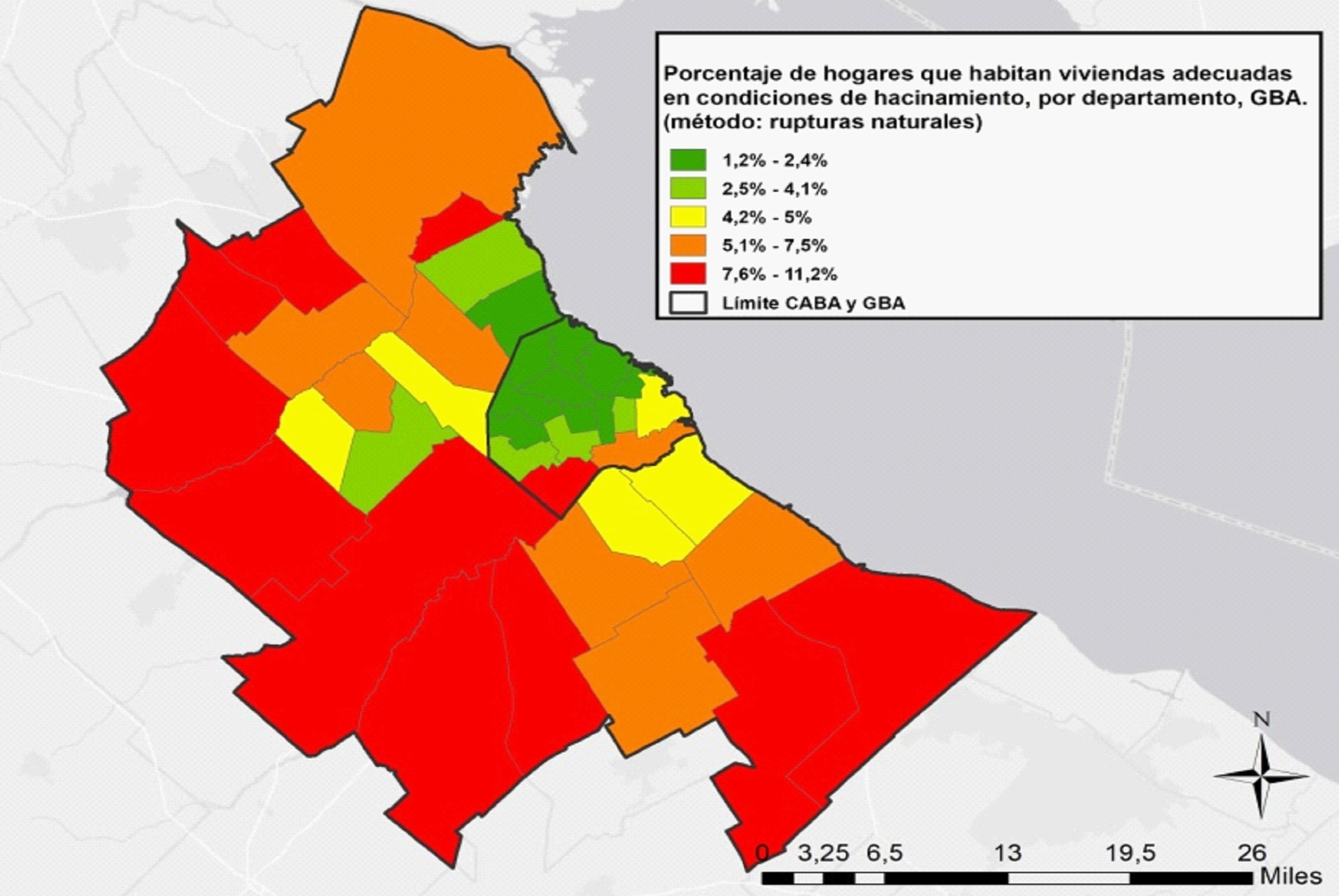 Porcentaje de hogares que habitan viviendas adecuadas en condiciones de hacinamiento, por departamento, GBA, 2010