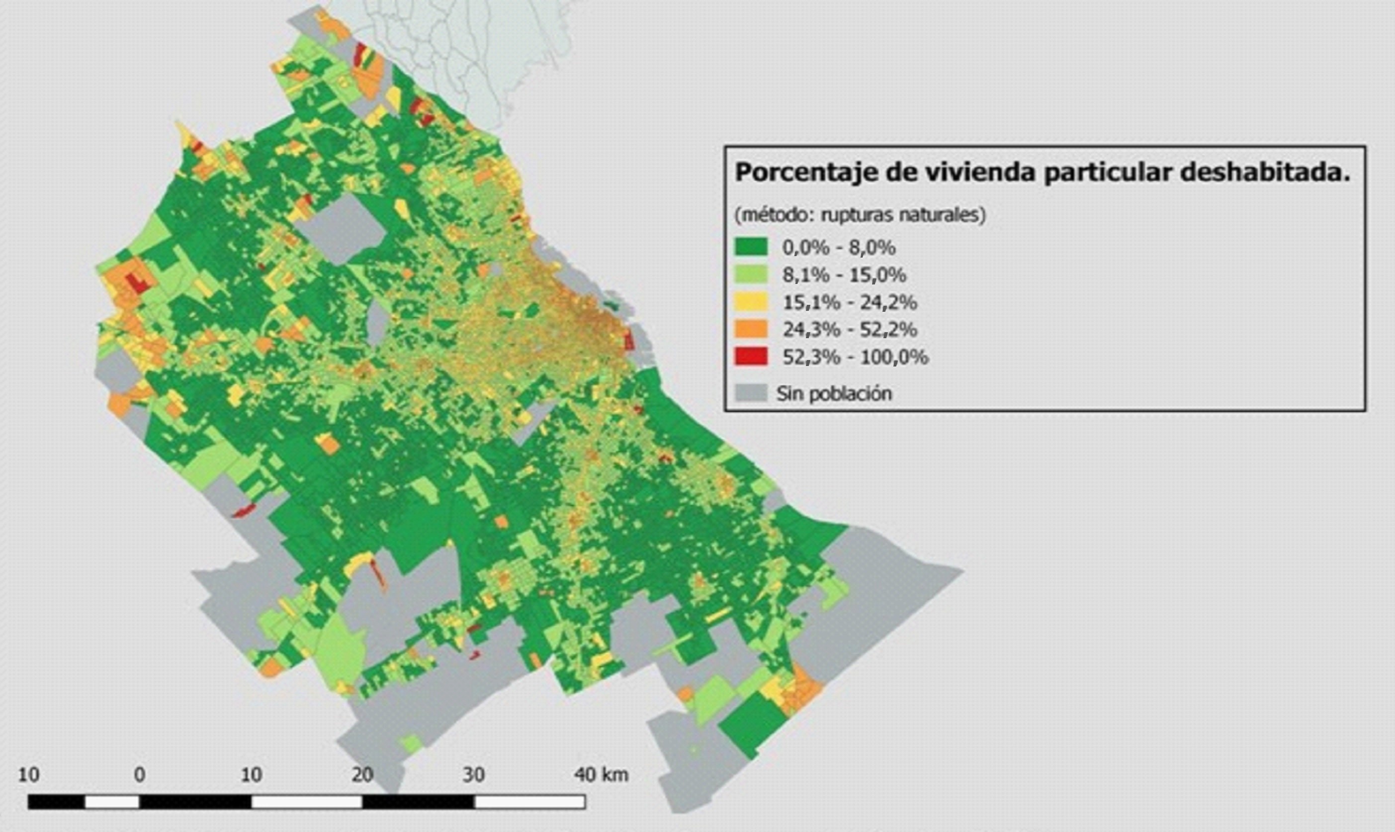 Porcentaje de vivienda particular deshabitada, por radio, GBA, 2010