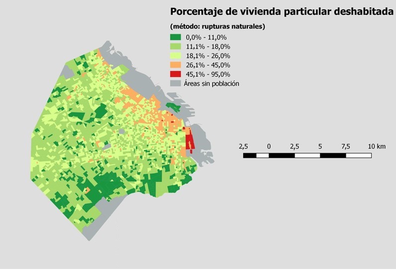 Porcentaje de viviendas particulares deshabitadas, por radio, CABA, 2010
