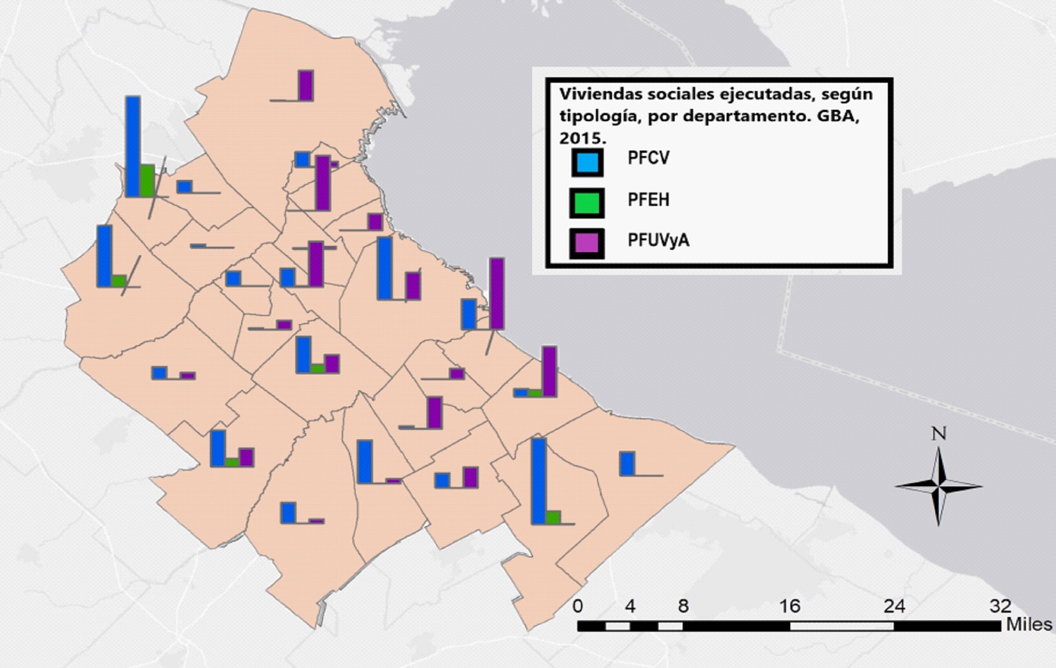 Localización de las viviendas sociales ejecutadas con los Programas Federales de Vivienda, según tipología, por departamento. GBA, 2015