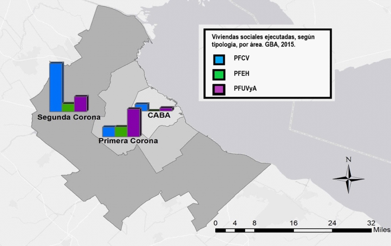 Localización de las viviendas sociales ejecutadas con los Programas Federales de Vivienda, según tipología, por corona. GBA, 2015