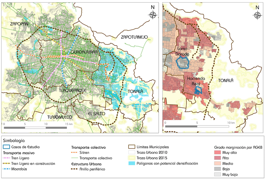Datos generales Área Metropolitana de Guadalara (AMG): crecimiento, rutas transporte, polígonos con potencial de densificación; y ubicación casos de estudio en el municipio Tonalá