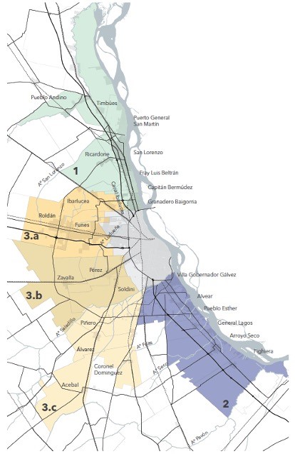 Subsistemas urbanos del AMR: 1) Corredor Norte, 2) Corredor Sur, 3a) Corredor Noroeste, 3b) Cuadrante Oeste y 3c) Cuadrante Sur