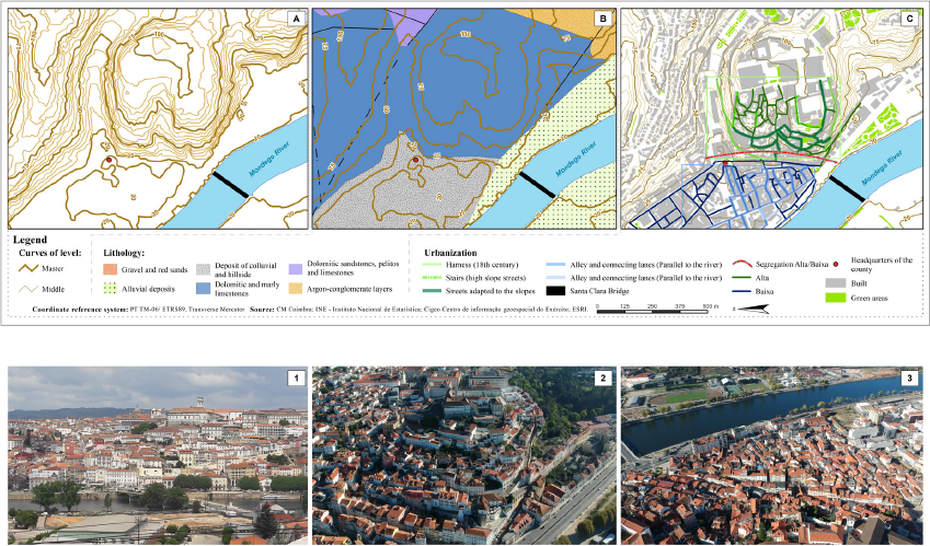 Integrated approach to the historic urban settlement of Coimbra; A - Elevations of the medieval spaces (Upper and Lower City); B - Relationship between the morphology and lithology; C - Urban design of the medieval town centre