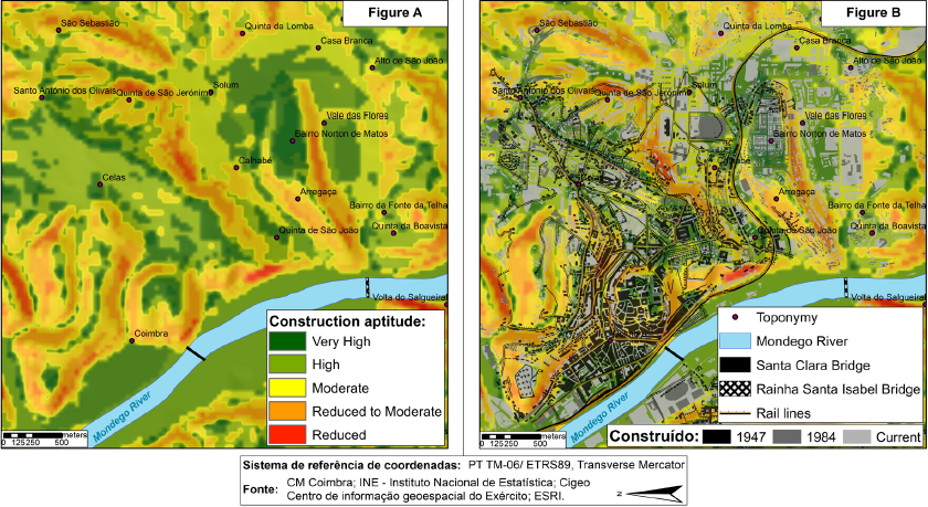 Context of urban growth in the 20th-century second half in the southeast sector of the city of Coimbra; A - Hypsometry; B – Lithology.