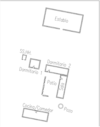 Distribución espacial de la arquitectura vernácula P02 (-15.663279, -70.152392), con construcciones de adobes y con cobertura de lámina metálica acanalada