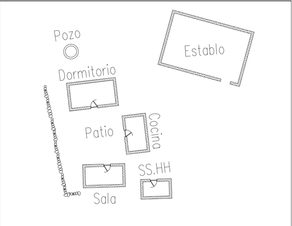 Distribución espacial de la arquitectura vernácula P04 (-15.715236, -70.199692), con construcciones de adobes y con cobertura de lámina metálica acanalada