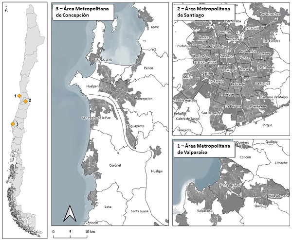 Mapa de áreas metropolitanas en estudio y sus divisiones comunales