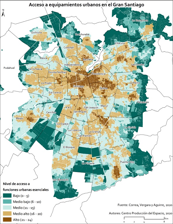 Mapa de los barrios de 15 minutos en el Área Metropolitana de Santiago